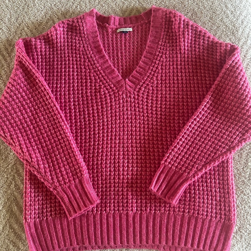 American Eagle Outfitters Pink V-Neck Sweater with Chunky Knit
